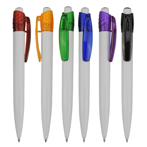 A set of plastic pens in red, orange, green, purple, blue, and black with transparent clips. Each pen has a logo.