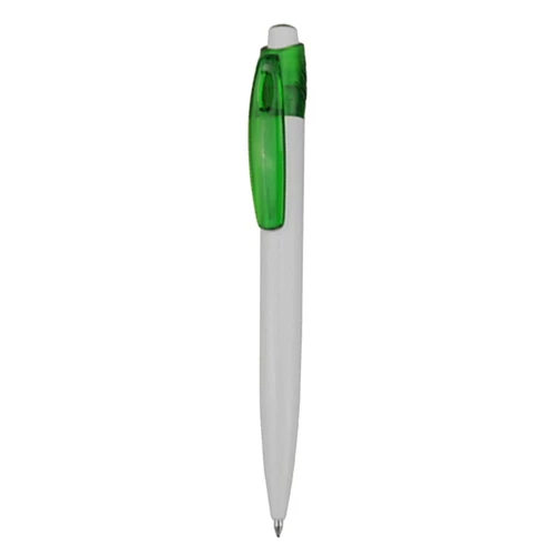 A plastic pen with a white barrel and a green clip. The pen features a logo.