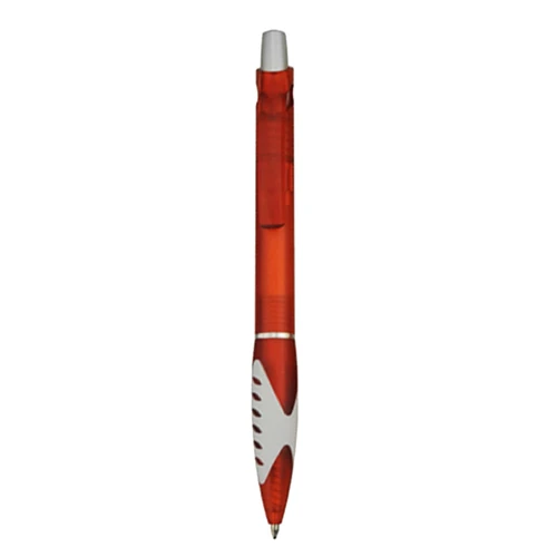 A plastic pen in vibrant red with a white grip and a silver clip. Includes branding on the barrel.