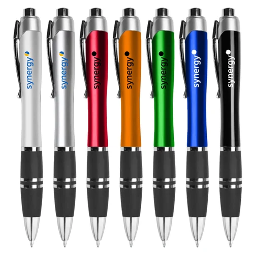 A set of plastic pens in silver, red, orange, green, blue, and black, featuring a logo on each.