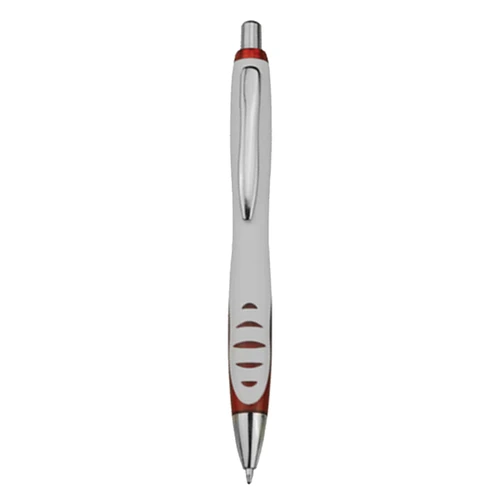 A plastic pen featuring a white and red design with a chrome clip and accents. It includes a logo.