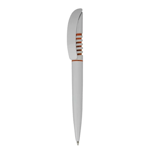 A plastic pen in white with orange accents and a logo on the body.