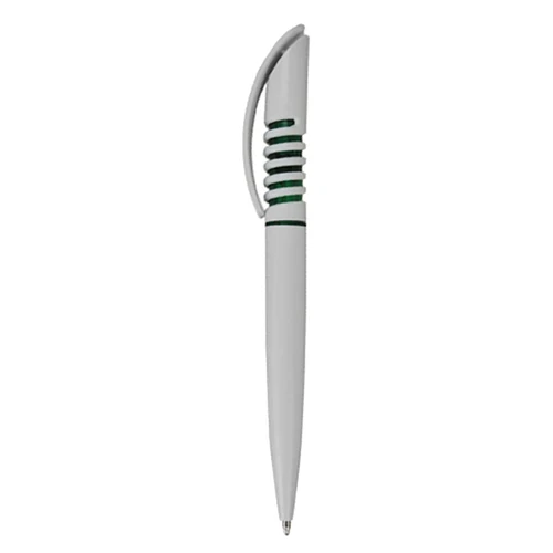 A plastic pen in white with green grip accents and a stylish design. It features a logo on the body.