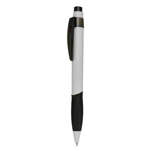 A plastic pen in white and black, featuring a secure clip and textured grip. It has a logo on the barrel.