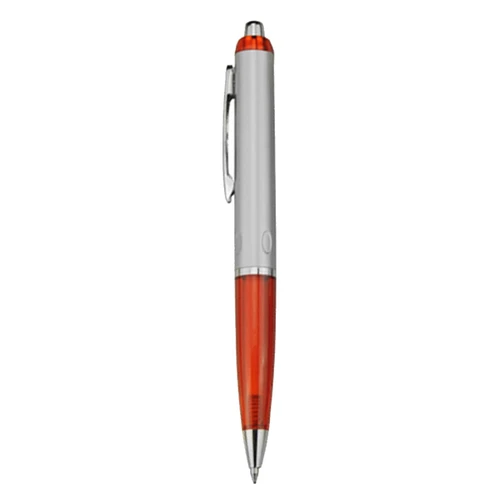 A plastic pen with a silver barrel and an orange grip, featuring a silver clip and a logo.