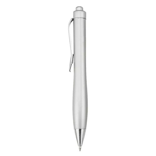 A silver plastic pen with a sleek design and a clip, featuring a shiny finish and a pointed tip.