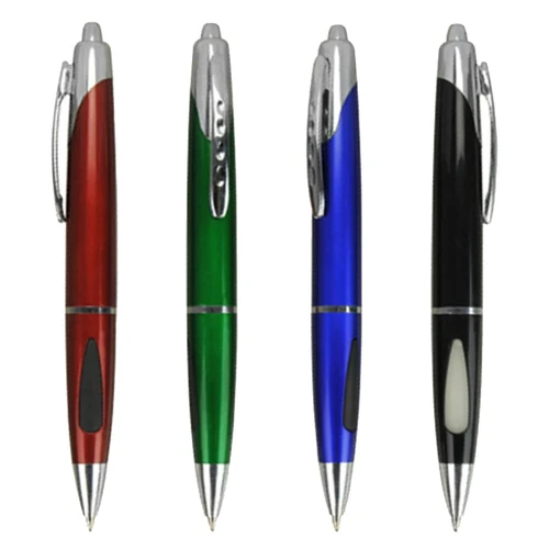 A selection of four plastic pens in red, green, blue, and black, featuring chrome accents and clips.