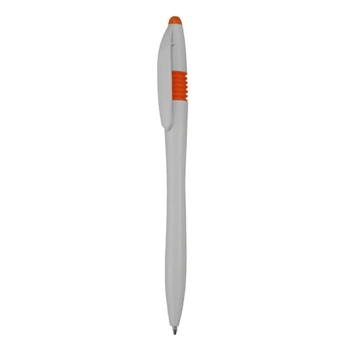 A plastic pen in white with orange accents and a logo.