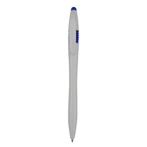 A plastic pen with a sleek grey body and a blue tip, featuring a logo on its side.