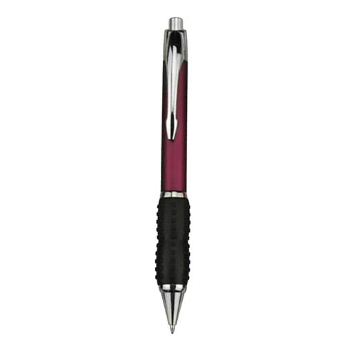 A plastic pen featuring a purple barrel, chrome accents, and a black rubber grip. The pen has a logo on it.