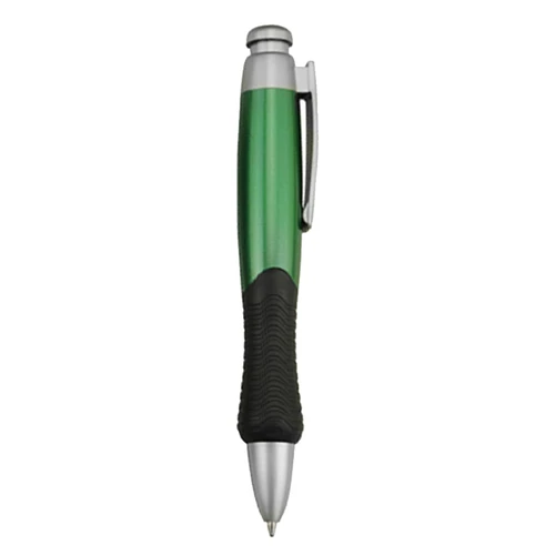 A green plastic pen with a silver tip and a black textured grip, featuring a clip and branding.