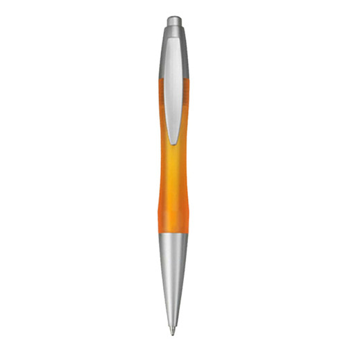 An orange plastic pen with silver accents and a transparent barrel, featuring a logo on the side.