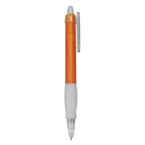 An orange and white plastic pen with a clear grip and a clip for easy attachment.