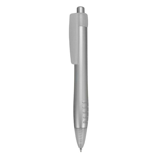 A silver plastic pen featuring a clip and grip, with a logo on its side.