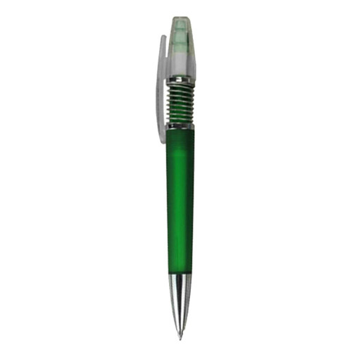 A green plastic pen with a clear cap and a silver metal tip, featuring a logo on its body.