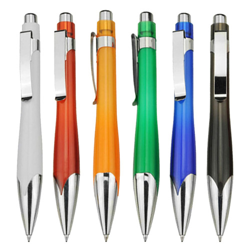 A collection of six plastic pens in white, orange, green, blue, red, and black, featuring chrome accents and a logo.