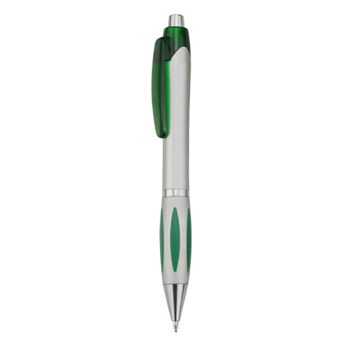 A plastic pen with a silver barrel and green accents, featuring a clip and grip sections. It has a logo on it.