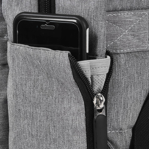 A grey Techpac Laptop Backpack featuring a side pocket with a smartphone partially visible.
