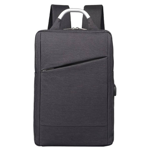 A grey laptop backpack with a sleek design and shoulder straps, featuring a front zip pocket and a logo.
