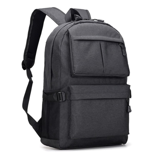 A dark grey laptop backpack with multiple compartments and adjustable straps, featuring a logo on the front.