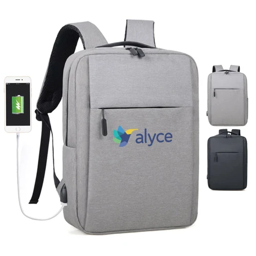 A grey backpack featuring a logo, with a front pocket and side access for charging devices.