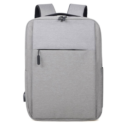 A grey backpack with two shoulder straps and a front pocket, featuring a minimalist design and logo.