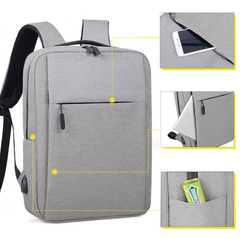 A grey Wirra Backpack featuring multiple compartments and a logo. Includes pockets for a phone and other small items.