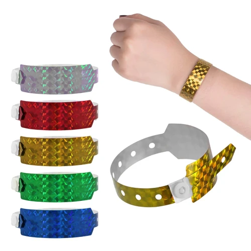 Holographic wristbands in various colours: red, green, blue, gold, and silver, displayed on a wrist. Features a logo.