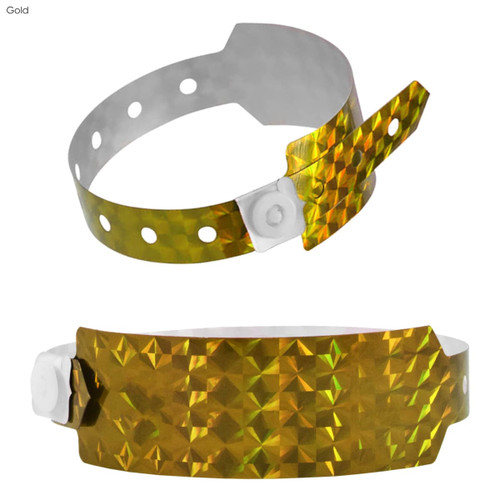 A holographic wristband in gold with a textured, patterned design and a white fastening. It features a logo.