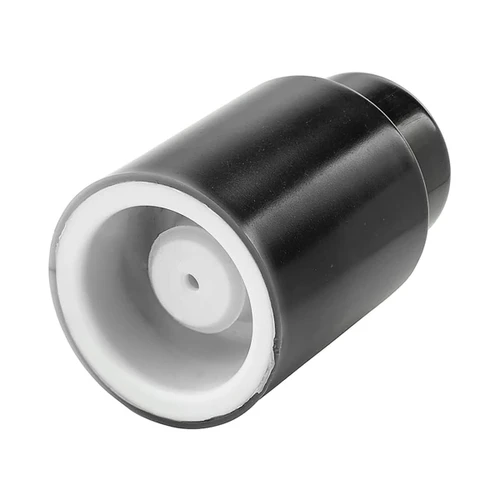 A wine stopper in black with a white interior, featuring a round design and a logo on the surface.