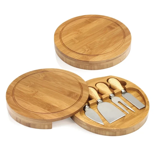 A bamboo cheese set featuring a circular board and three stainless steel knives with wooden handles.