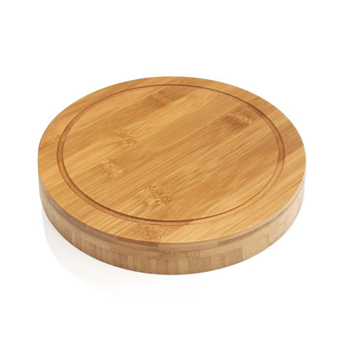 A round bamboo cheese platter with a smooth surface and subtle engraving, featuring a logo on the bottom.