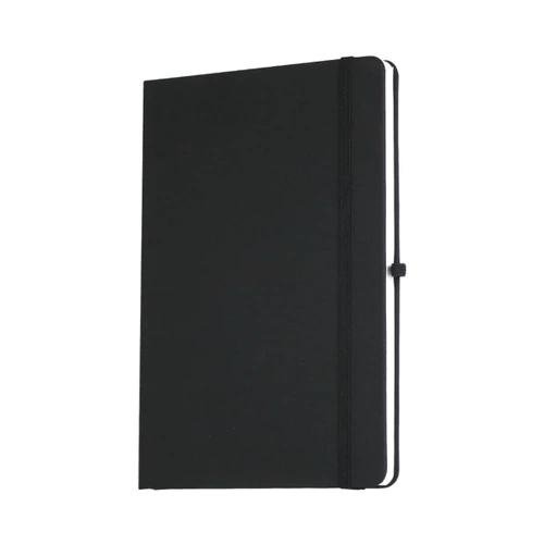 A black A5 journal book with a hardcover and an elastic band closure. It features a logo on the cover.