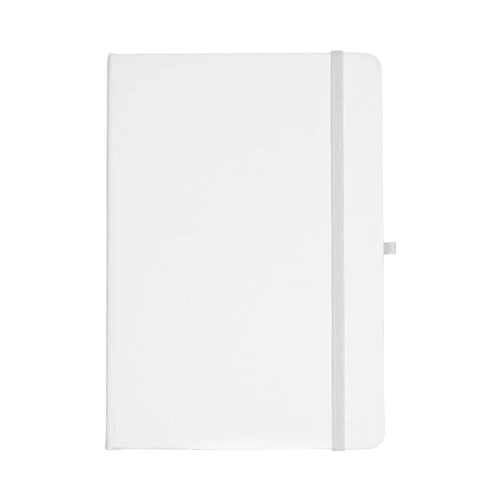 A white A5 journal with a grey elastic band, featuring a smooth cover and a logo.