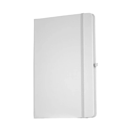A white A5 journal with a textured cover and a matching elastic band closure. It has a logo on the front.