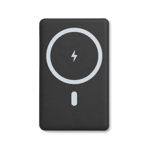 A black solid state power bank with a circular design and a lightning bolt symbol. It features a logo.