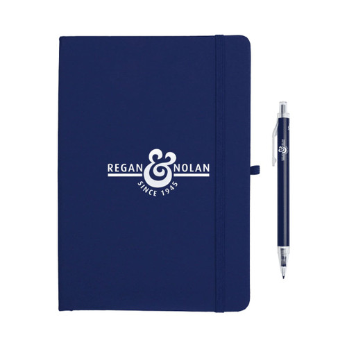 A navy blue journal with an elastic closure, accompanied by a matching pen. The journal features a logo.