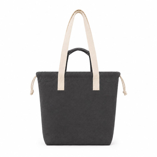 A dark grey tote bag with light beige straps and drawstring closures, featuring a simple design and a logo.