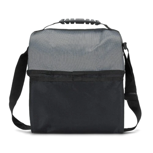 A grey and black cooler bag with a shoulder strap and a top handle, featuring a logo.