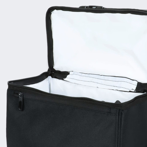 A black lunch cooler bag with a white interior and a zippered top, featuring a logo.