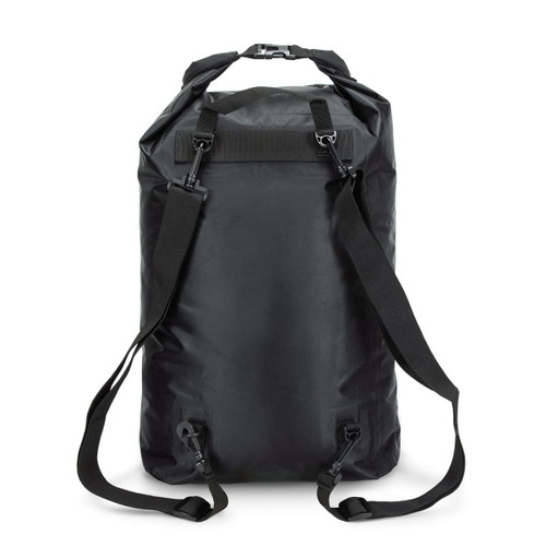 A black 20L dry bag with adjustable straps and a buckle closure, featuring a logo on the surface.