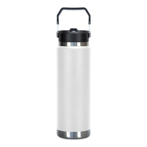 A drink bottle in white with a black lid and handle, featuring a stainless steel base and branding on the body.