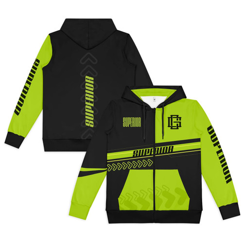 A black and neon green zipped hoodie featuring a logo and bold graphic designs on the sleeves.