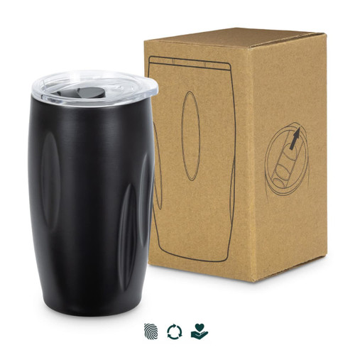 A drink bottle in sleek black with a transparent lid, next to a plain cardboard box. The bottle has a logo.
