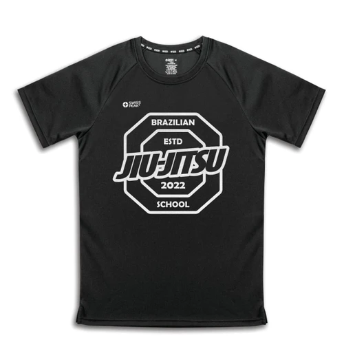 A black unisex T-shirt with a graphic design featuring a logo and text related to Brazilian Jiu-Jitsu.