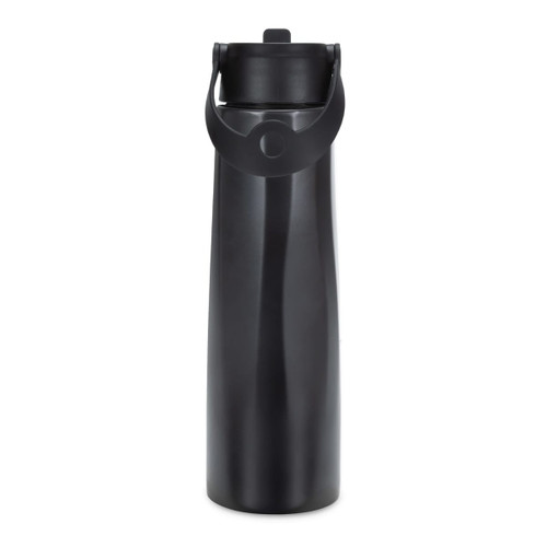 A drink bottle in a sleek black finish, featuring a handle and a secure screw-on lid. It has a logo on its surface.