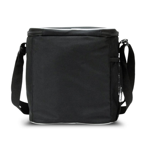 A black lunch cooler bag with a shoulder strap and a side mesh pocket, featuring a simple design and zip closure.