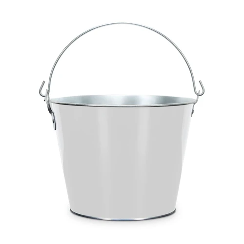 A white metal ice bucket with a silver handle and a shiny finish. It features a circular base and an open top.