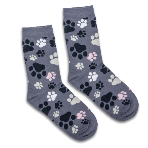 Jolly knitted kids socks featuring a grey background with black, grey, and pink paw prints.