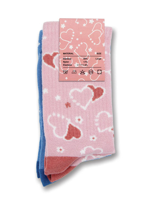 A set of two kids' socks featuring hearts, one pink with white and red hearts and the other blue with pink details.